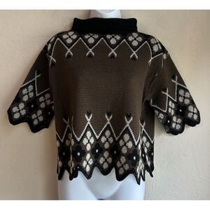 Vintage 70s Jack Winter Wool Sweater Nordic Boxy Folk Crop Scalloped 38 S M Boho
